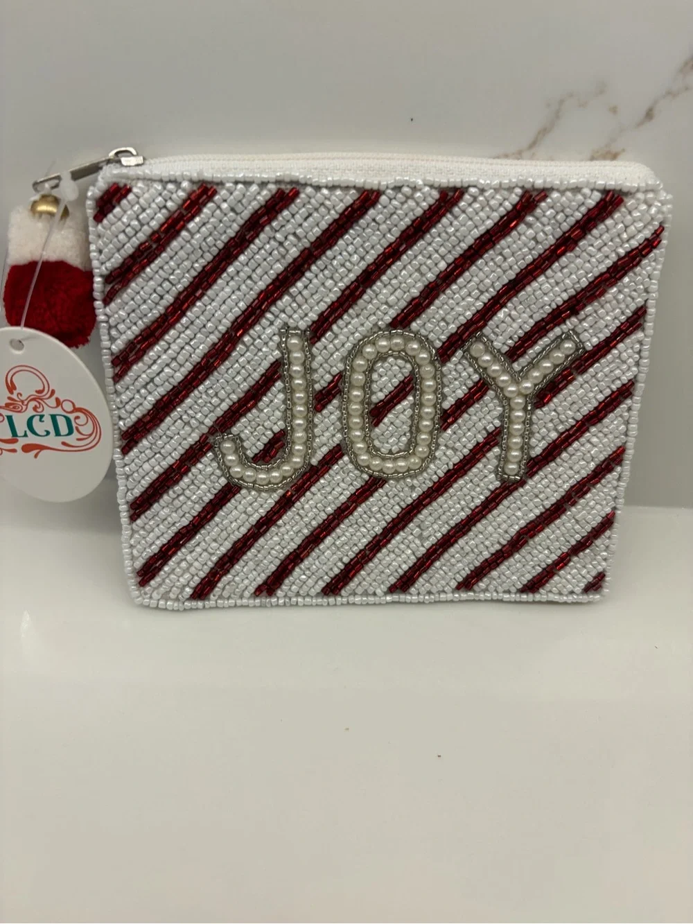 Beaded 'JOY' Pouch with Red Stripe Detail